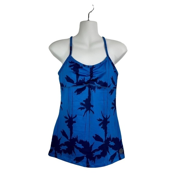 Pure Barre Lynx Blue & Yellow Palm Tree Pattern Y-Strap Tank Top Woman’s Sz SM - Picture 2 of 11